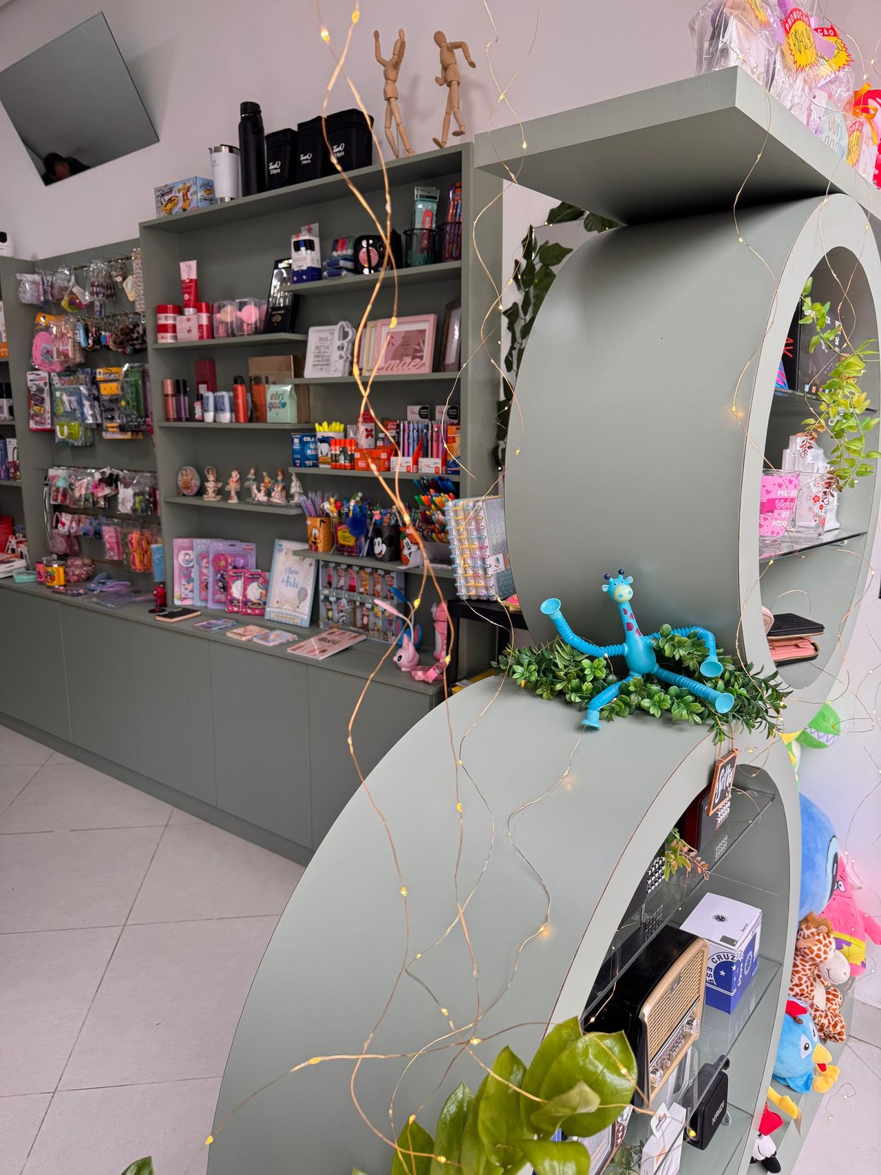 Interior da loja Mimo Power em Belo Horizonte — prateleiras arqueadas em verde-sálvia com fairy lights e vitrine acolhedora